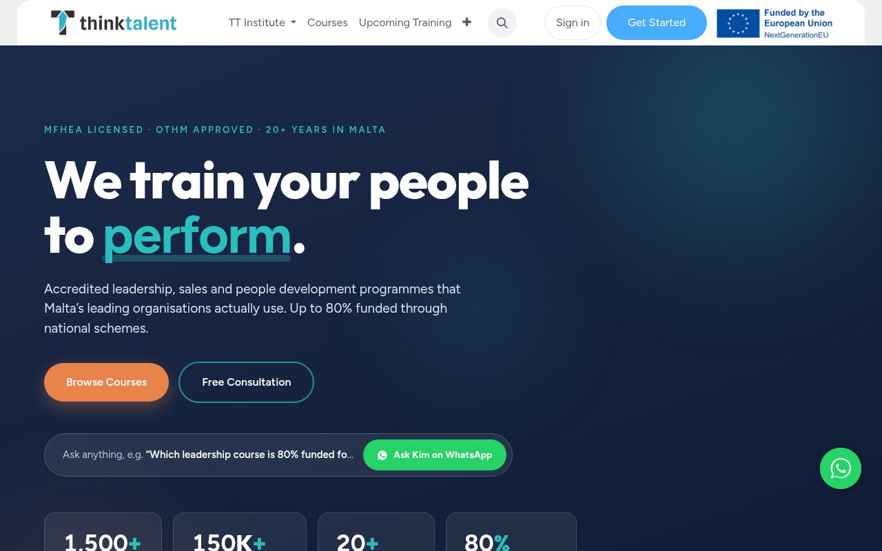 The first screen of thinktalent.com.mt: accredited training for Think Talent.
